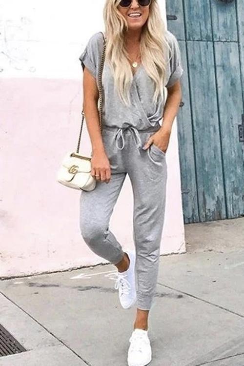 Veleaee V Neck Short Sleeve Tie Waist Solid Jumpsuit
