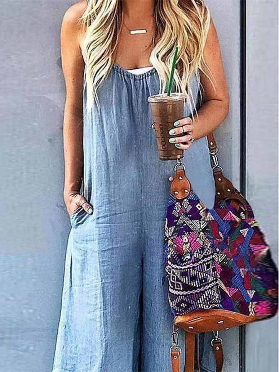 Veleaee Sleeveless V-neck Wide Leg Denim Jumpsuit