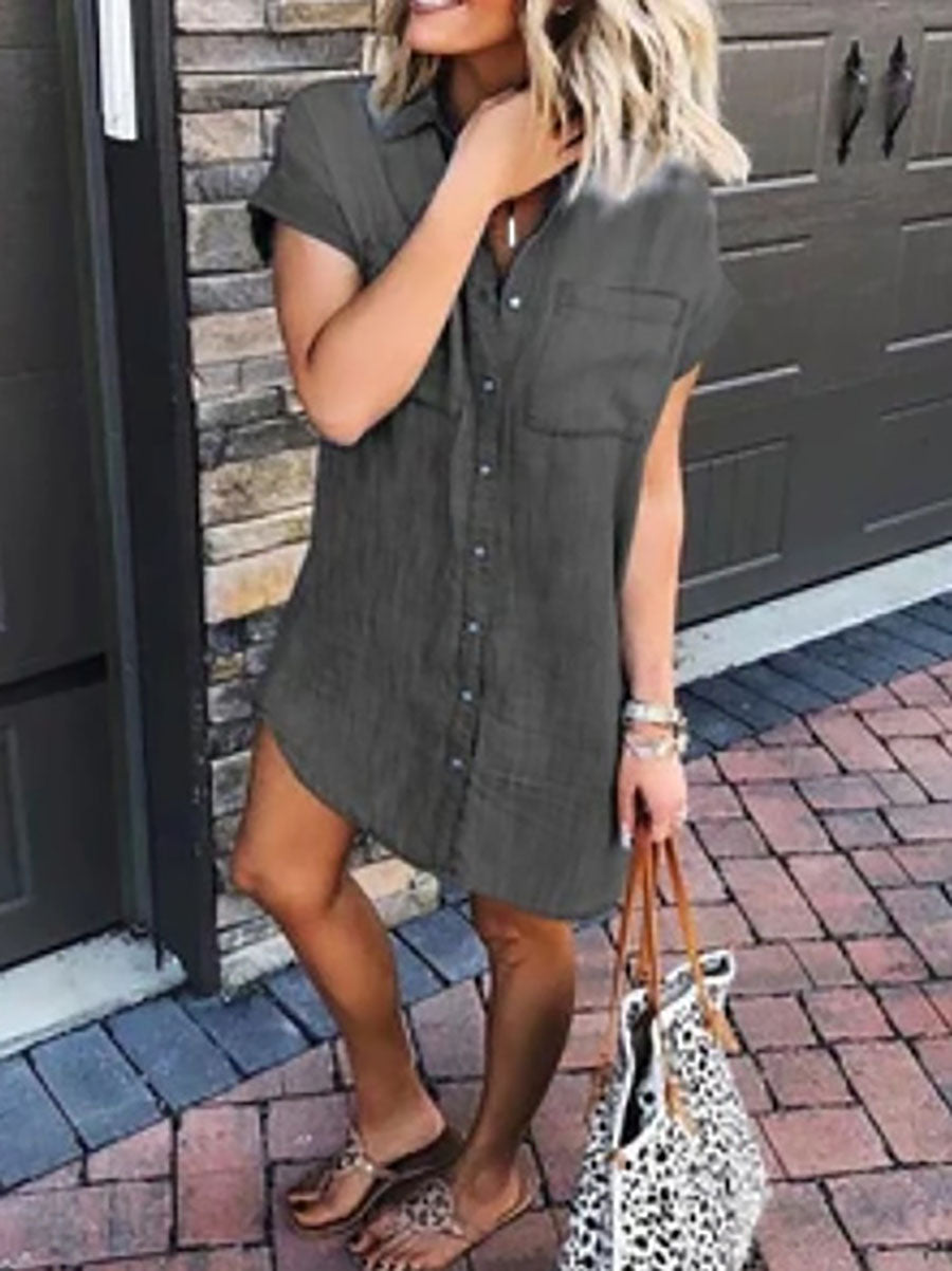 Veleaee Button Short Sleeve Denim Dress