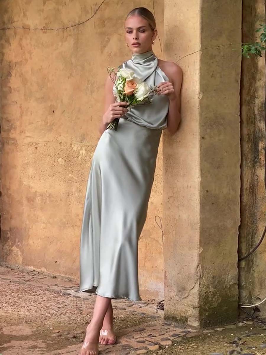 Veleaee Sleeveless Hanging Neck Solid Color Satin Dress(6 Colors)