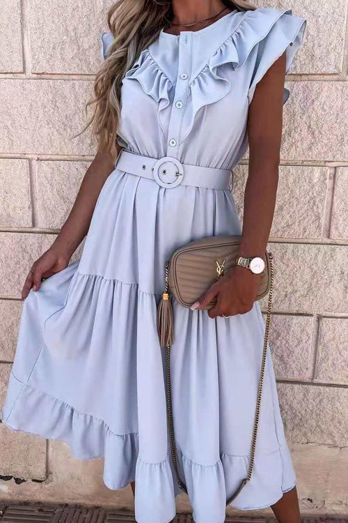 Veleaee Fashion V Neck Belt Short Sleeve Dress