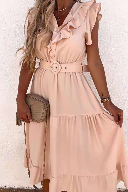 Veleaee Fashion V Neck Belt Short Sleeve Dress
