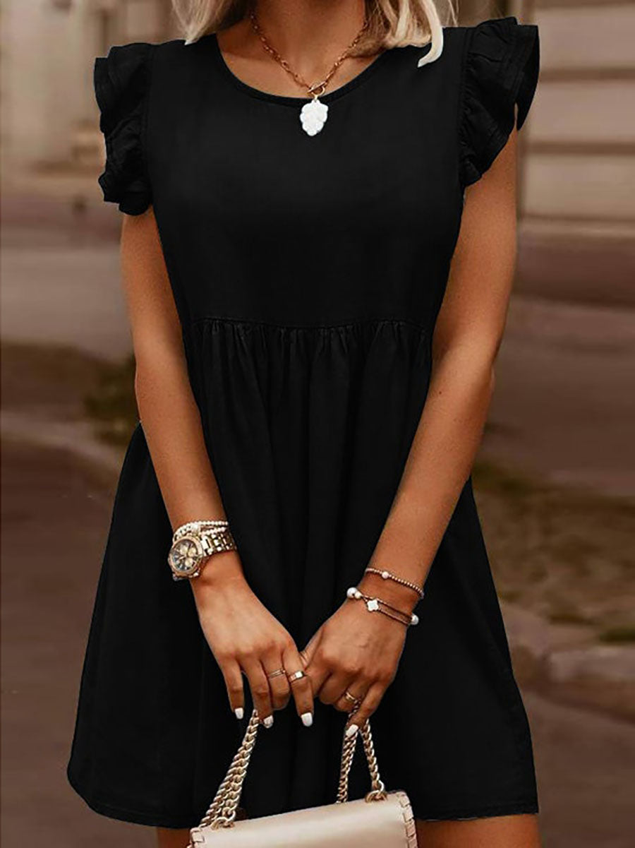 Veleaee Casual Denim Ruffle O Neck Dress