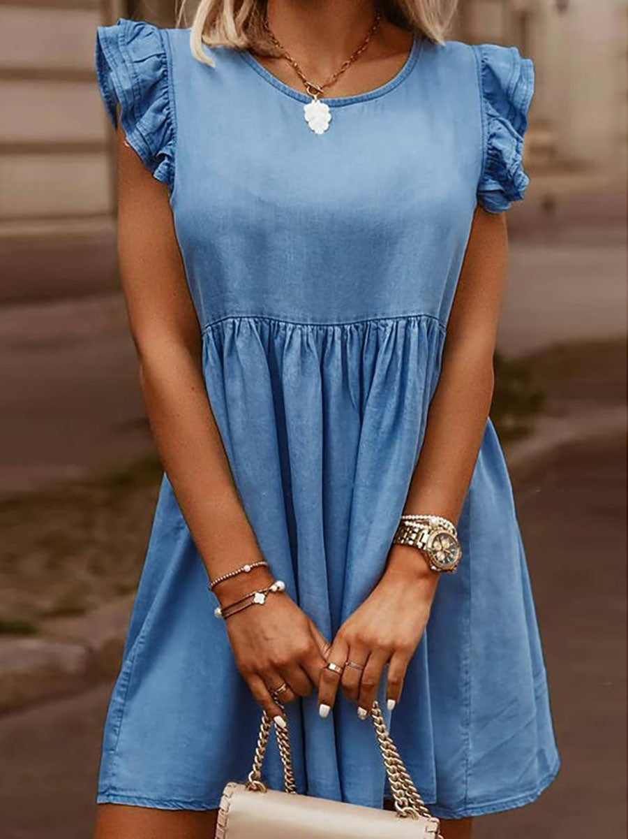 Veleaee Casual Denim Ruffle O Neck Dress