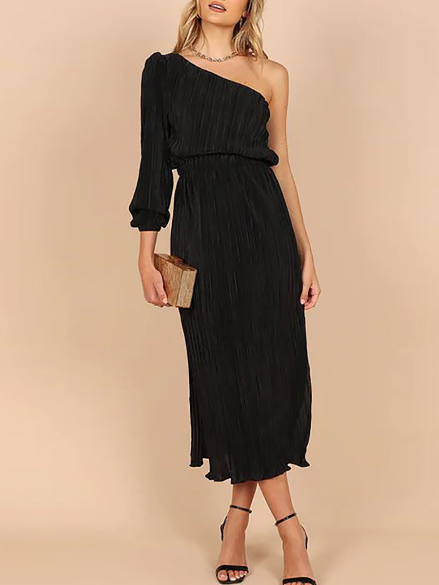 Veleaee One-Shoulder Slash Neck Solid Color Party Dress(3 Colors)