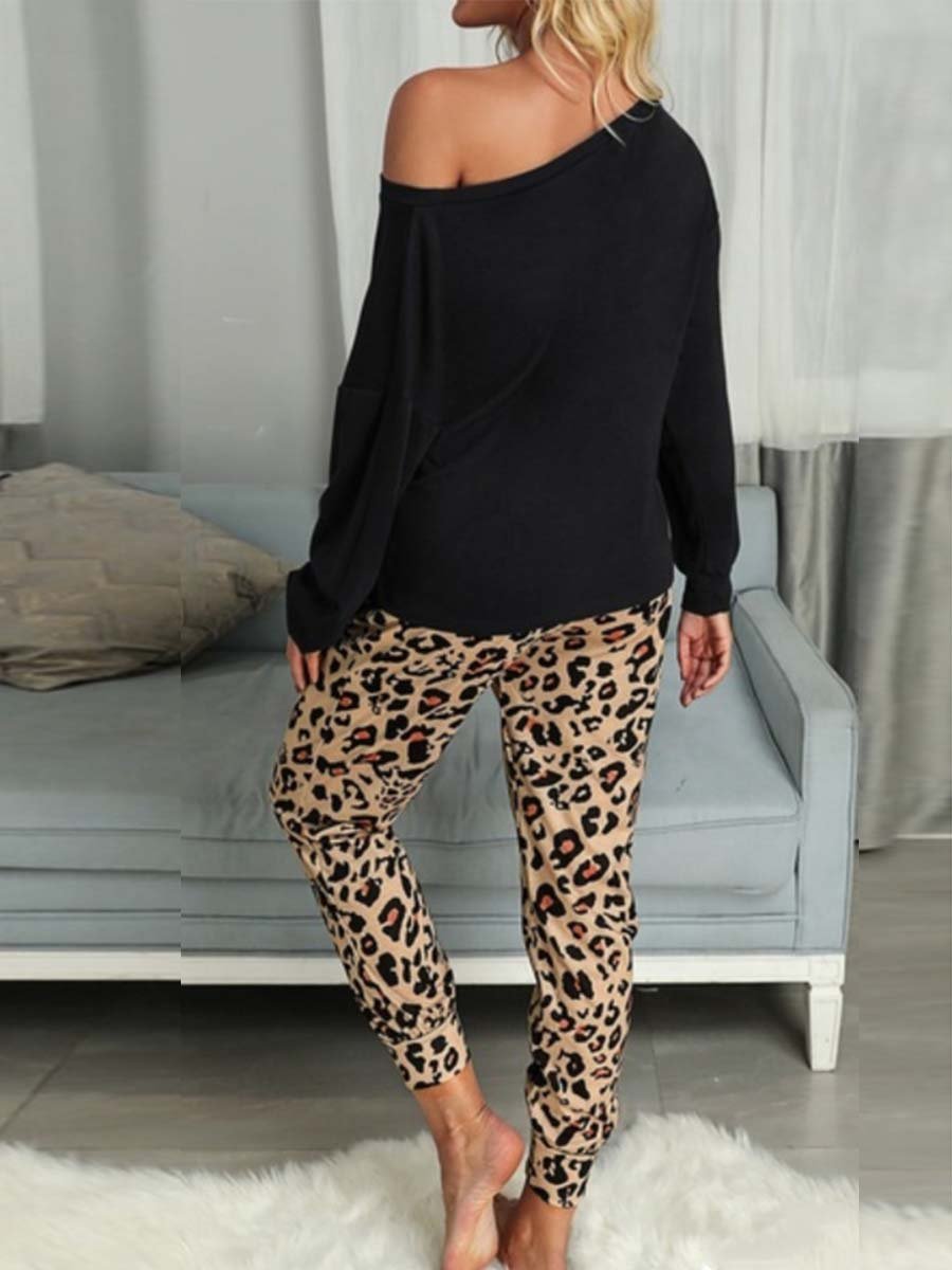 Veleaee Leopard Pocket Off-shoulder Two Sets