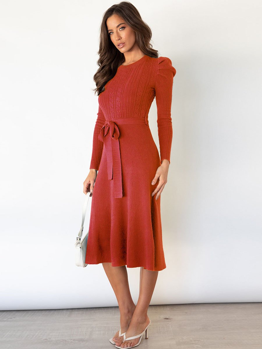 Veleaee Bubble Sleeve Belt Knit Dress (5 colors)