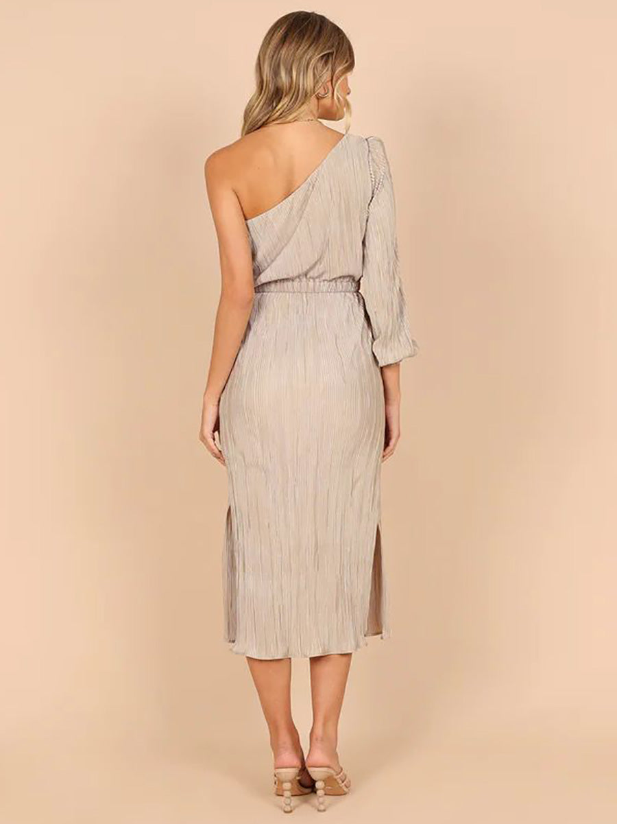 Veleaee One-Shoulder Slash Neck Solid Color Party Dress(3 Colors)