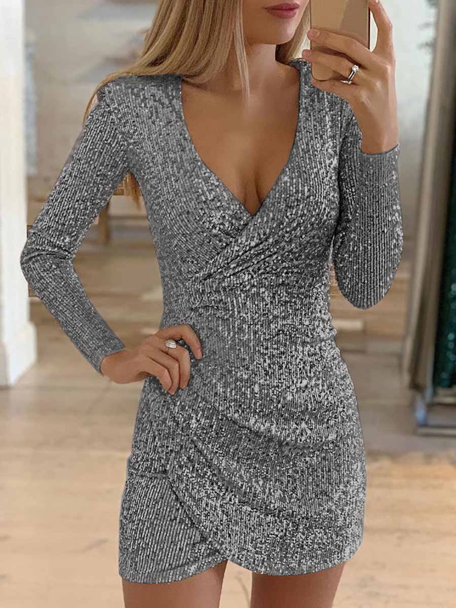 Veleaee V-Neck Irregular Sequin Party Dress(9 colors)
