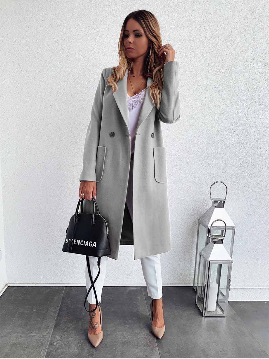 Veleaee Lapel Pocket Woolen Coat