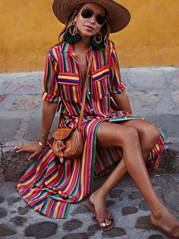 Veleaee Bohemian Multicolor Striped Dress