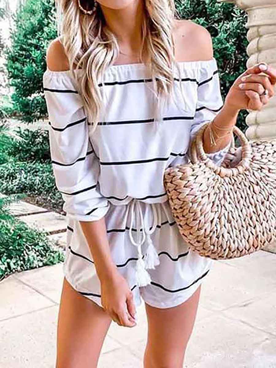 Veleaee Long Sleeve Striped Off Shoulder Casual Wear Romper