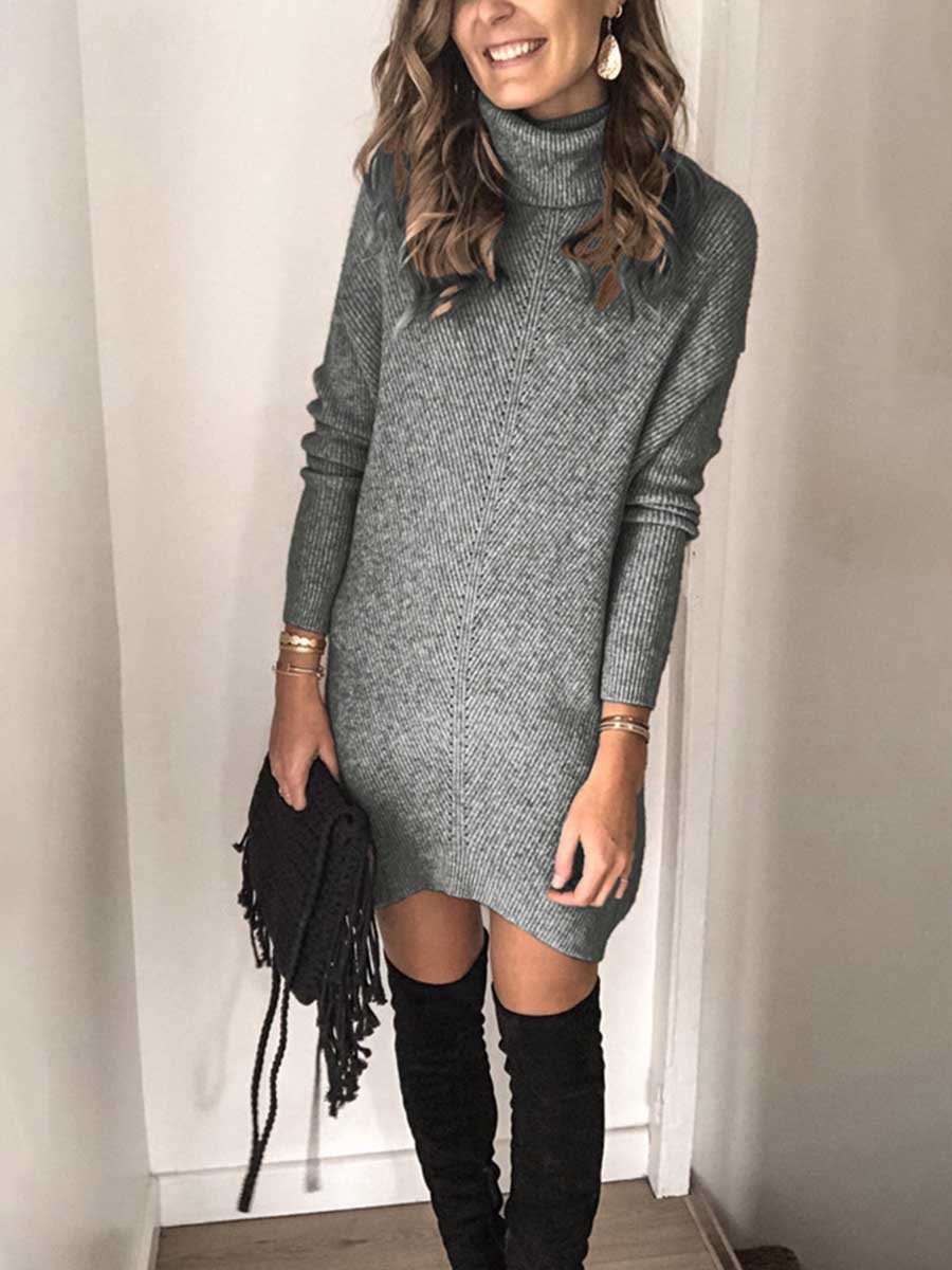 Veleaee Casual Turtleneck Midi Dress
