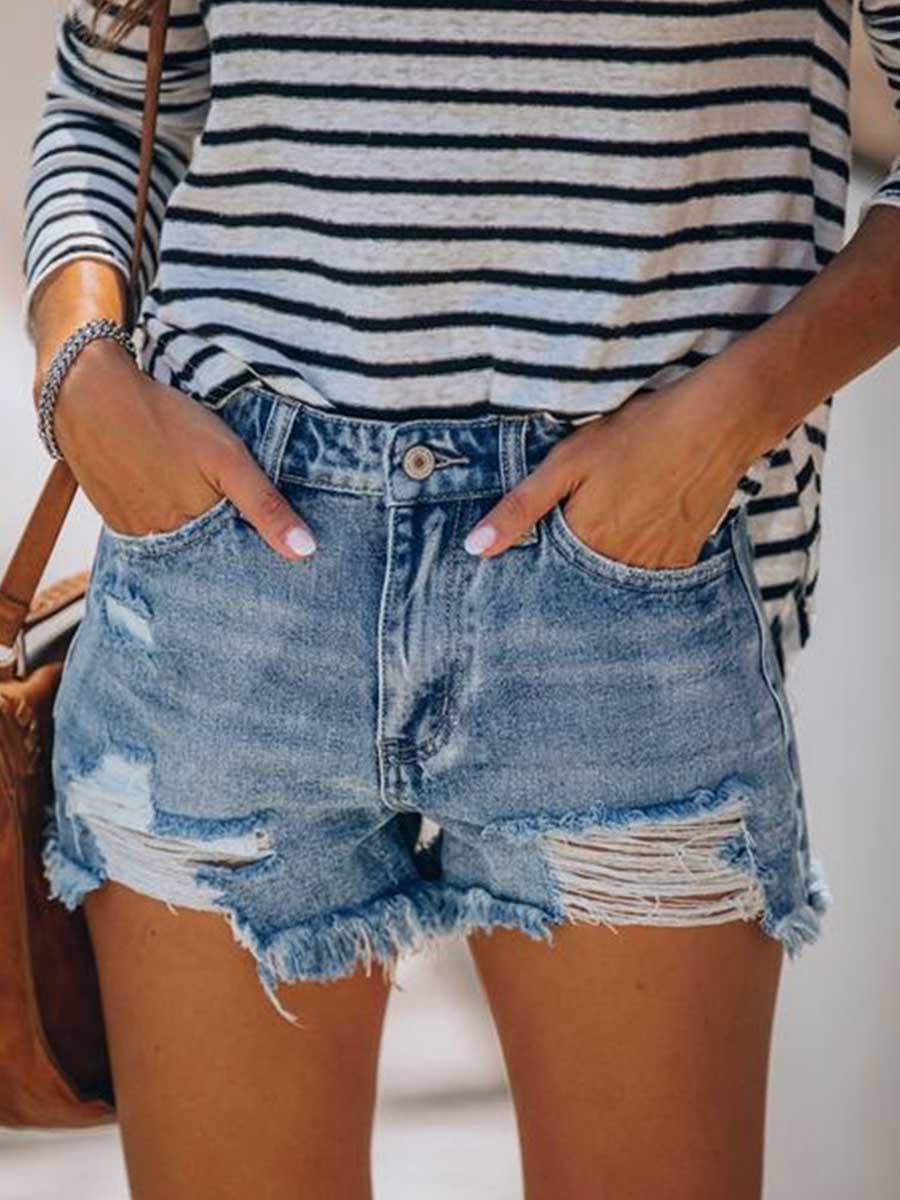Veleaee Buttons Fringed Jeans Shorts