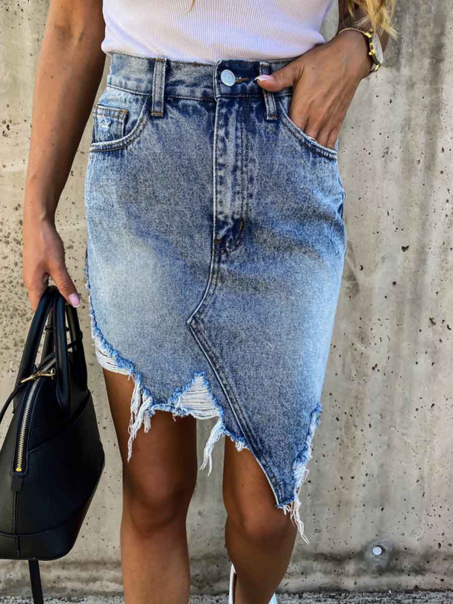 Veleaee Irregular Fringed Denim Skirt