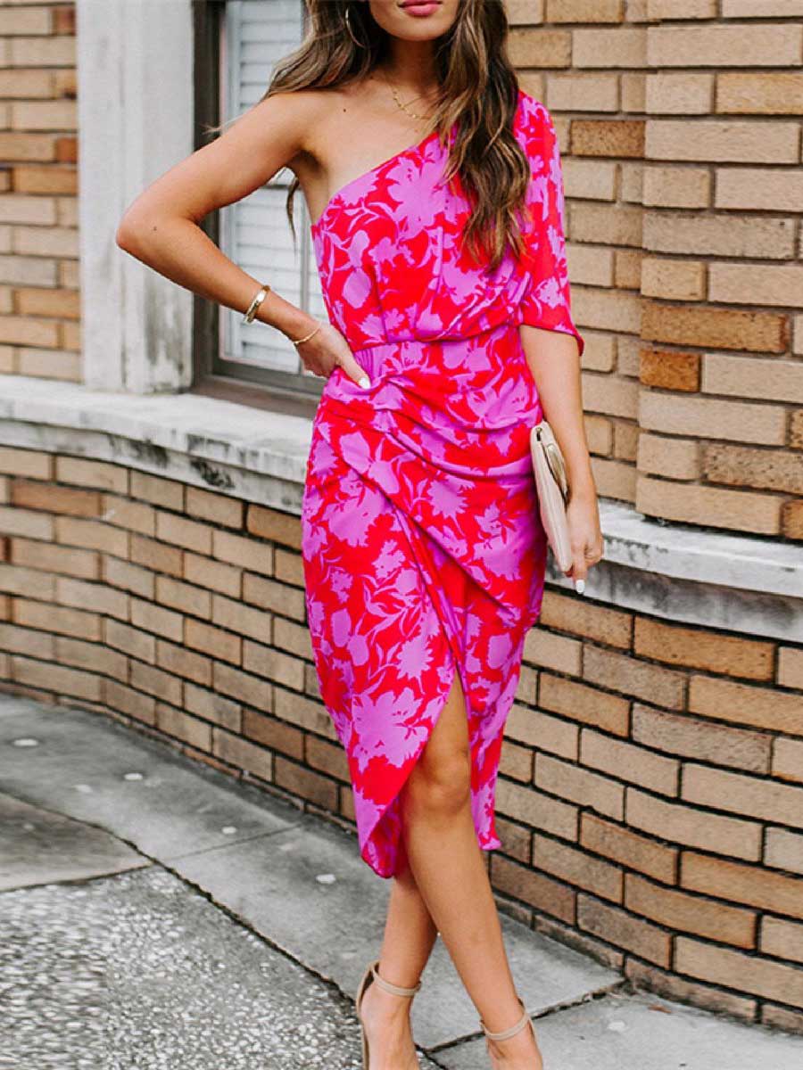 Veleaee One shoulder Tulip Hem Printed Dress