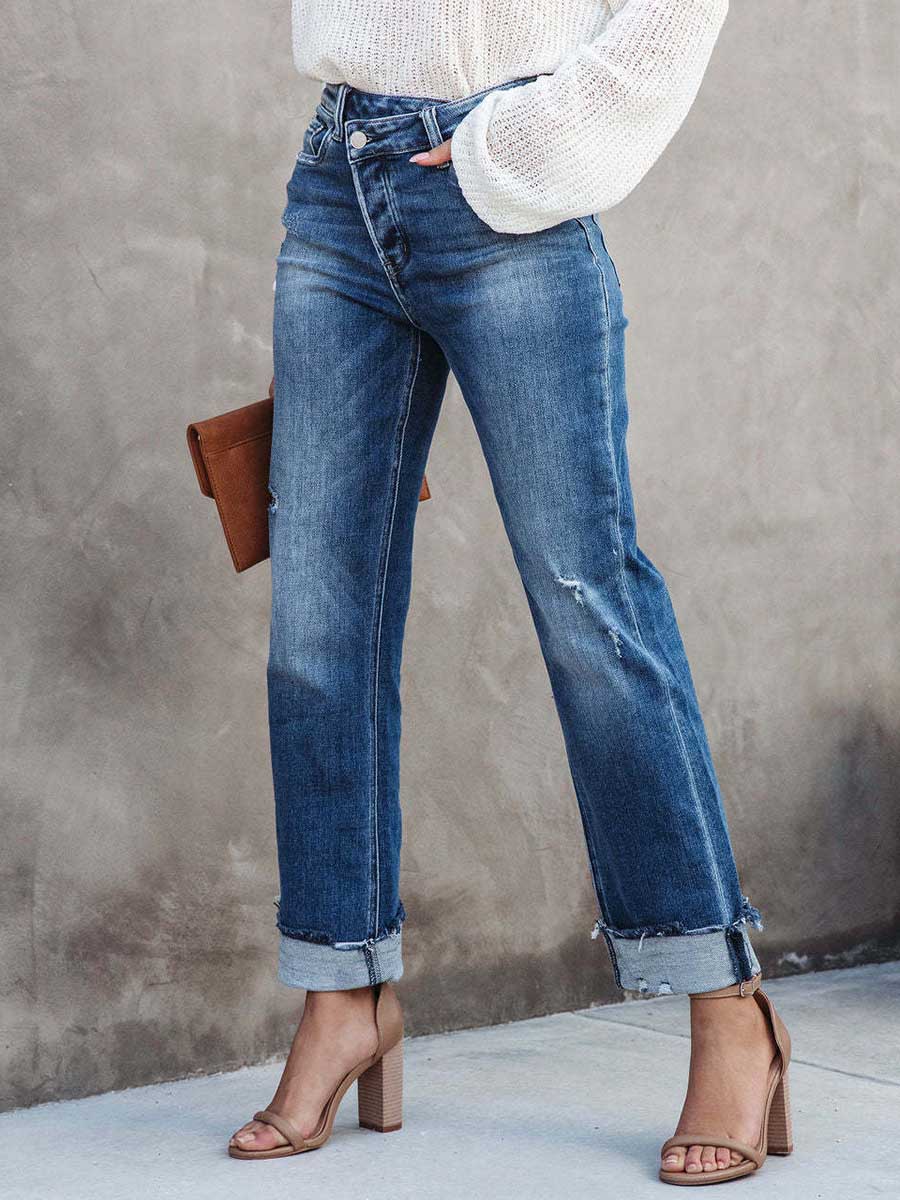 Veleaee Casual Street Solid Make Old Asymmetrical Straight Denim Jeans