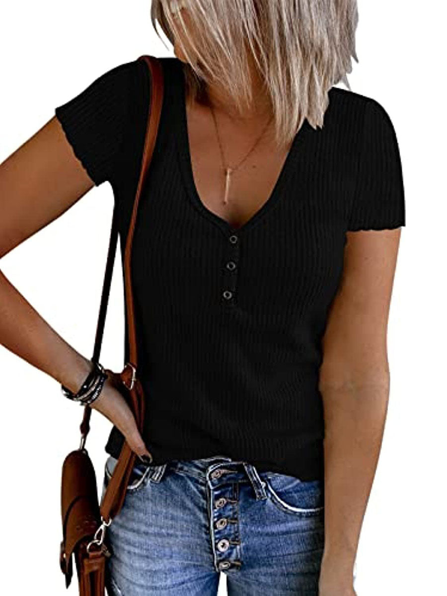 Veleaee Solid Color V-Neck Short Sleeve T-Shirt(7 colors)