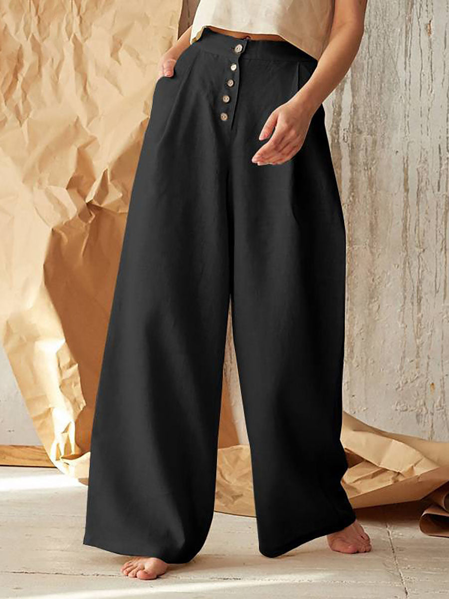 Veleaee Solid Color High Waist Casual Button Wide Leg Pants