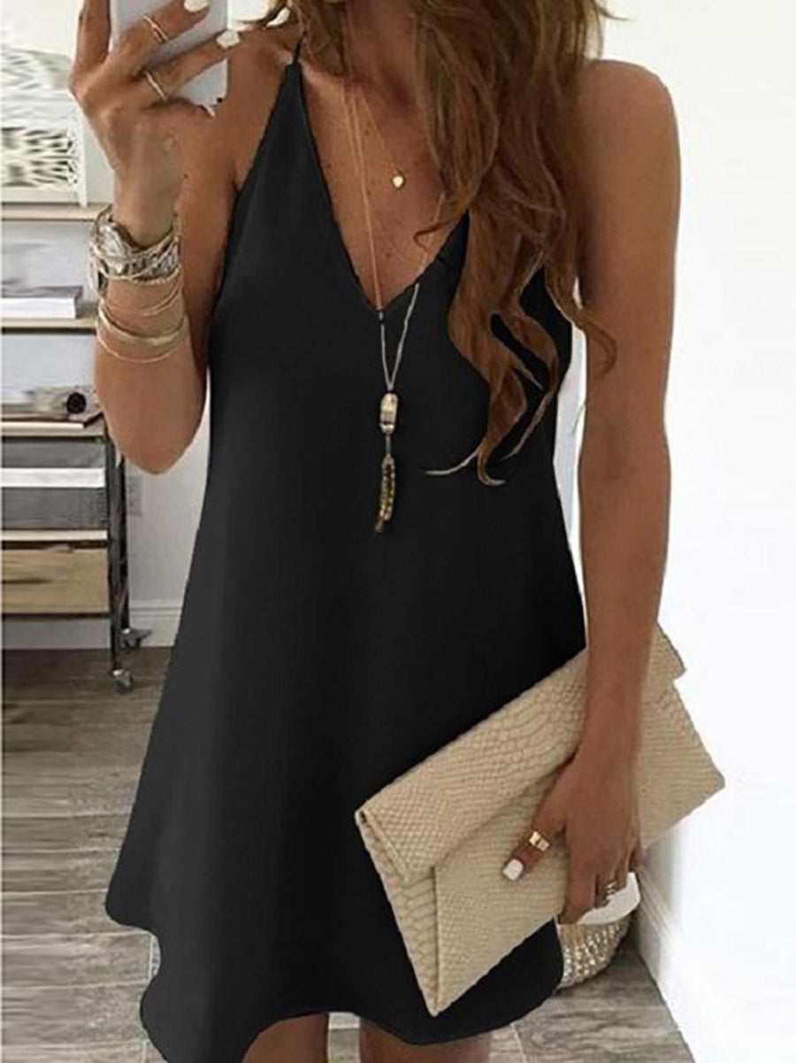 Veleaee Solid V Neck Sleeveless Mini Dress