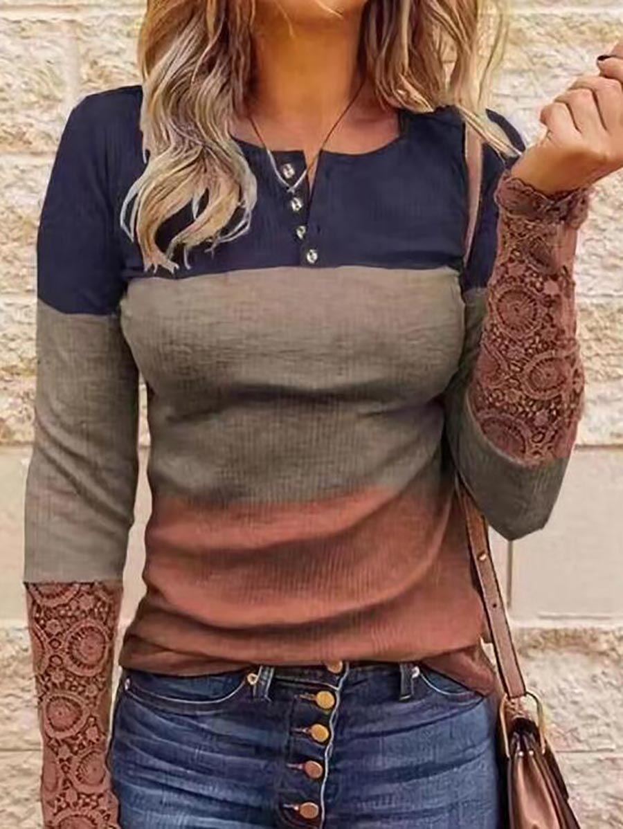 Veleaee Round Neck Stitching Lace Long Sleeve T-Shirt(14 colors)