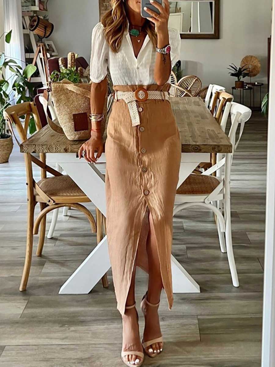 Veleaee Cotton Linen Button Half Skirt
