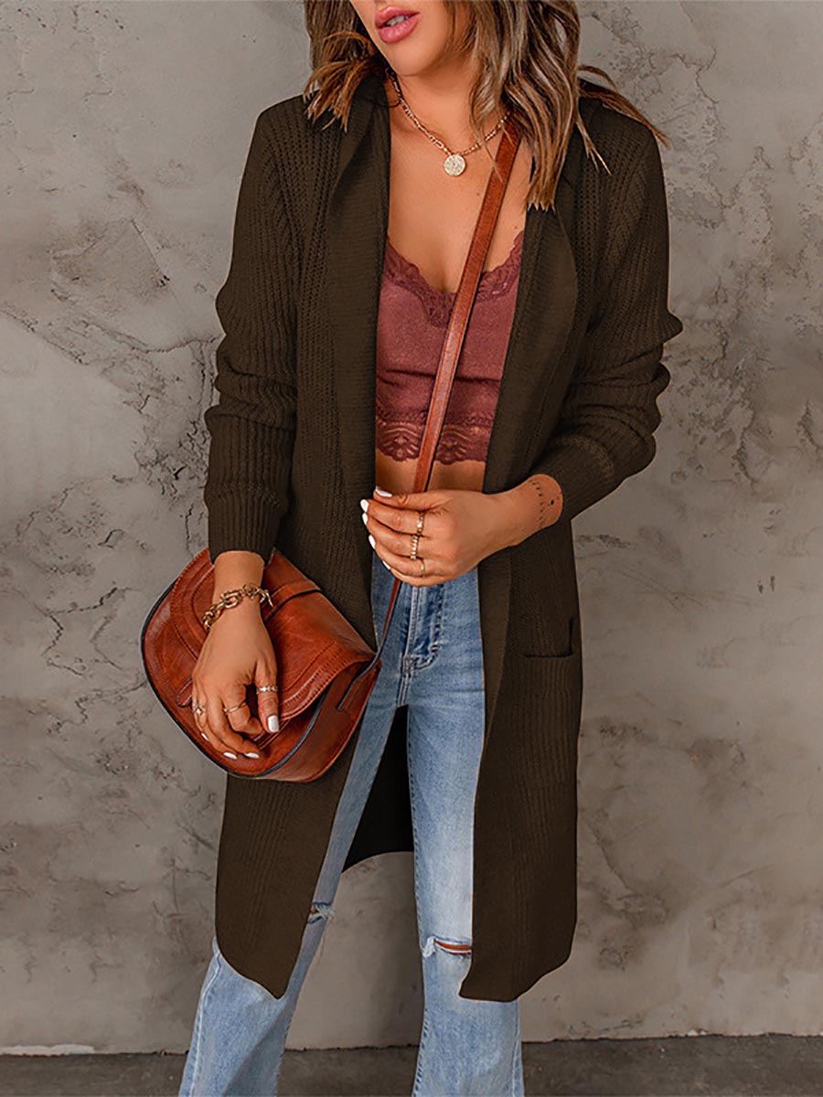 Veleaee Solid Color Hooded Sweater Jacket