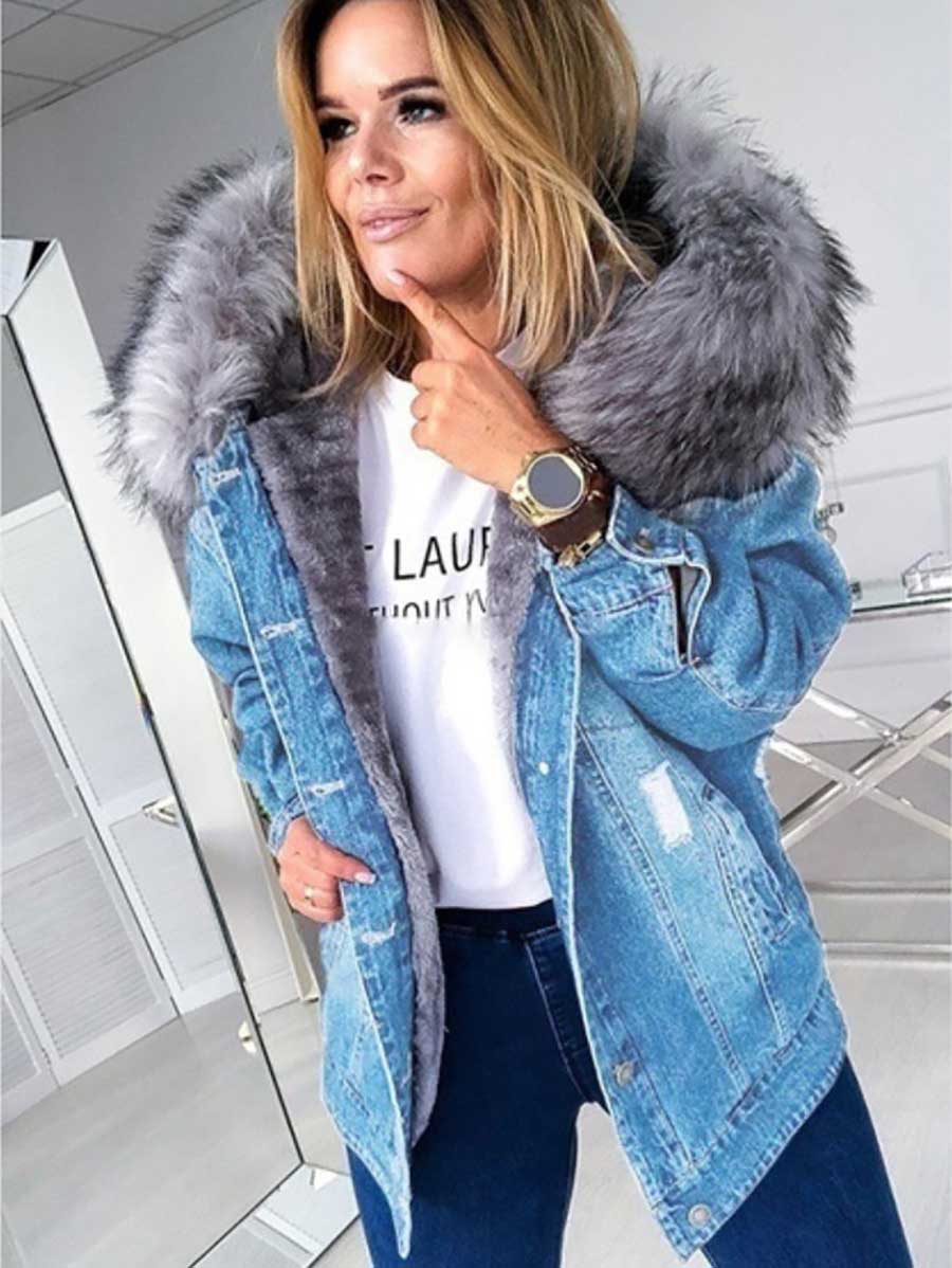 Veleaee Padded Warm Hole Large Fur Collar Denim Jacket(4 colors)