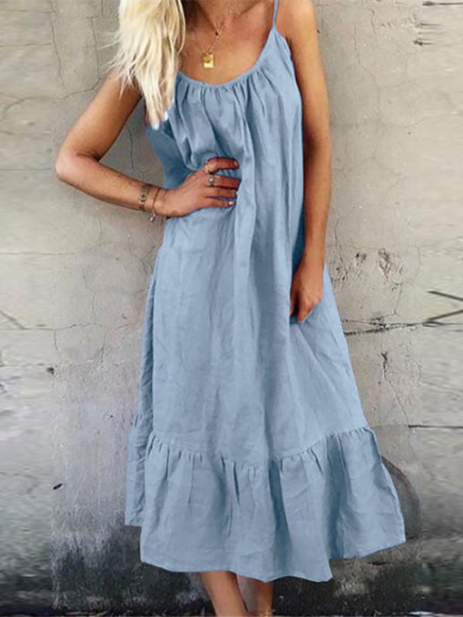 Veleaee Cotton Linen Halter Solid Color Ruffle Dress