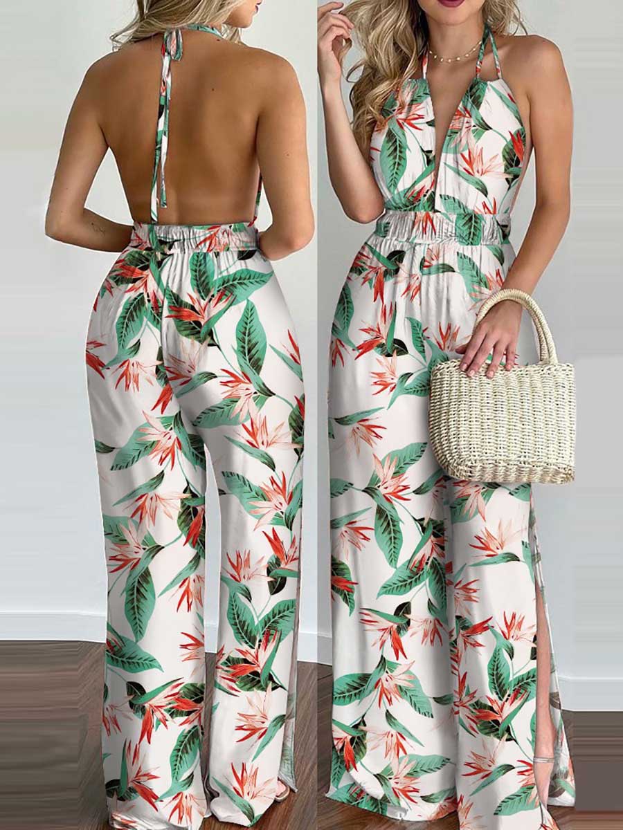 Veleaee Printed Hanging Neck Sexy Backless Split Jumpsuit
