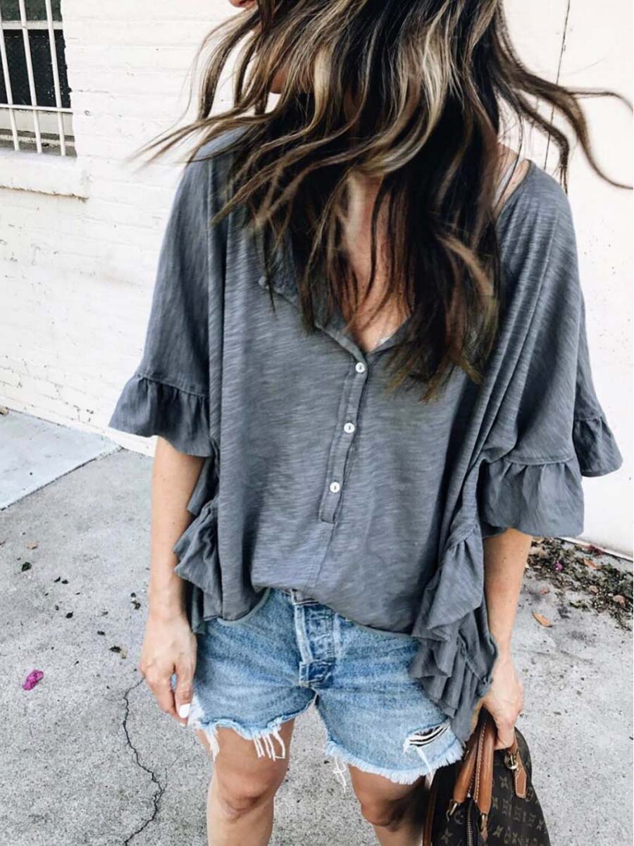 Veleaee Round Neck Patchwork Ruffle Loose Short Sleeve T-Shirt