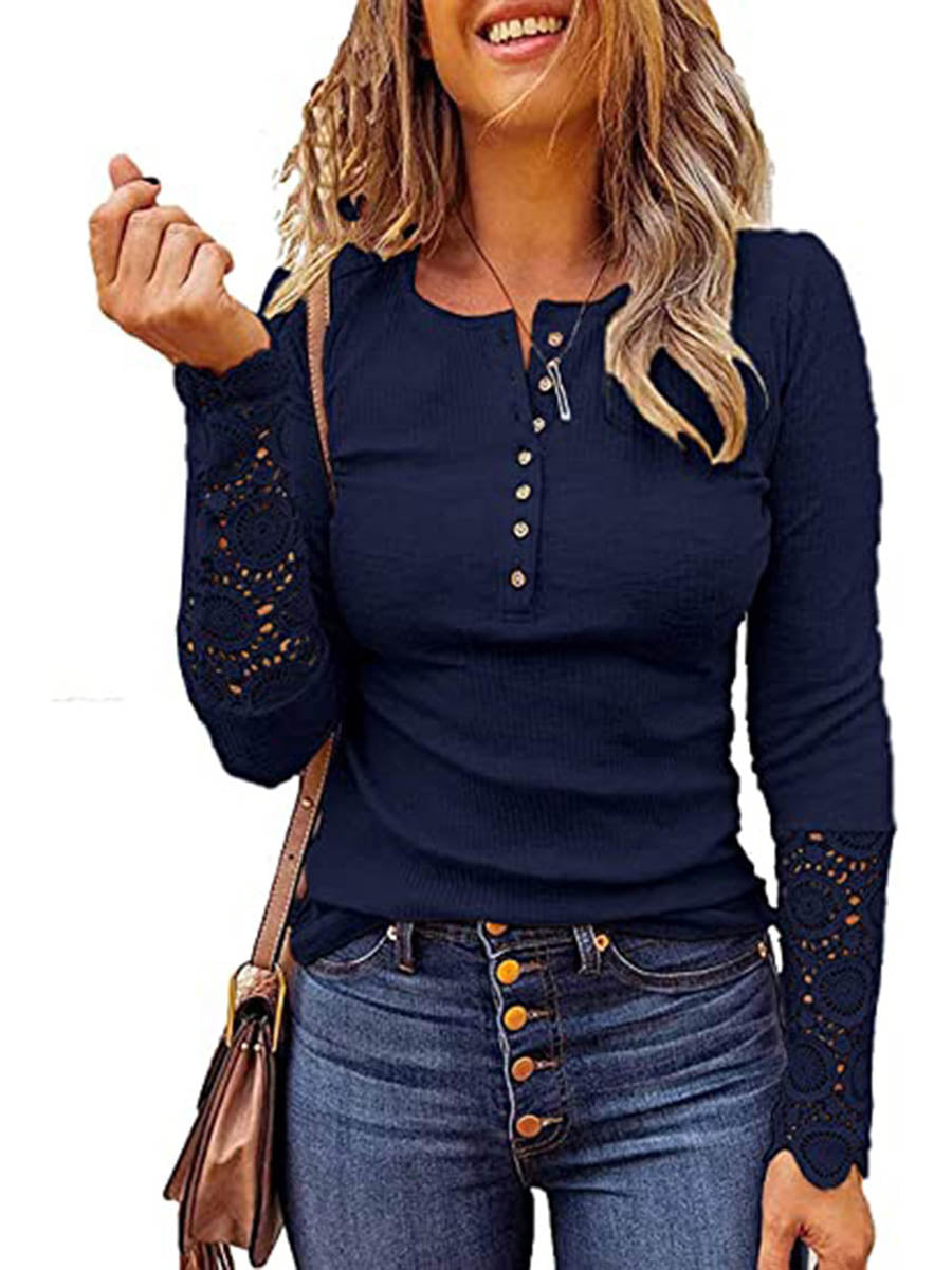 Veleaee Round Neck Stitching Lace Long Sleeve T-Shirt(14 colors)