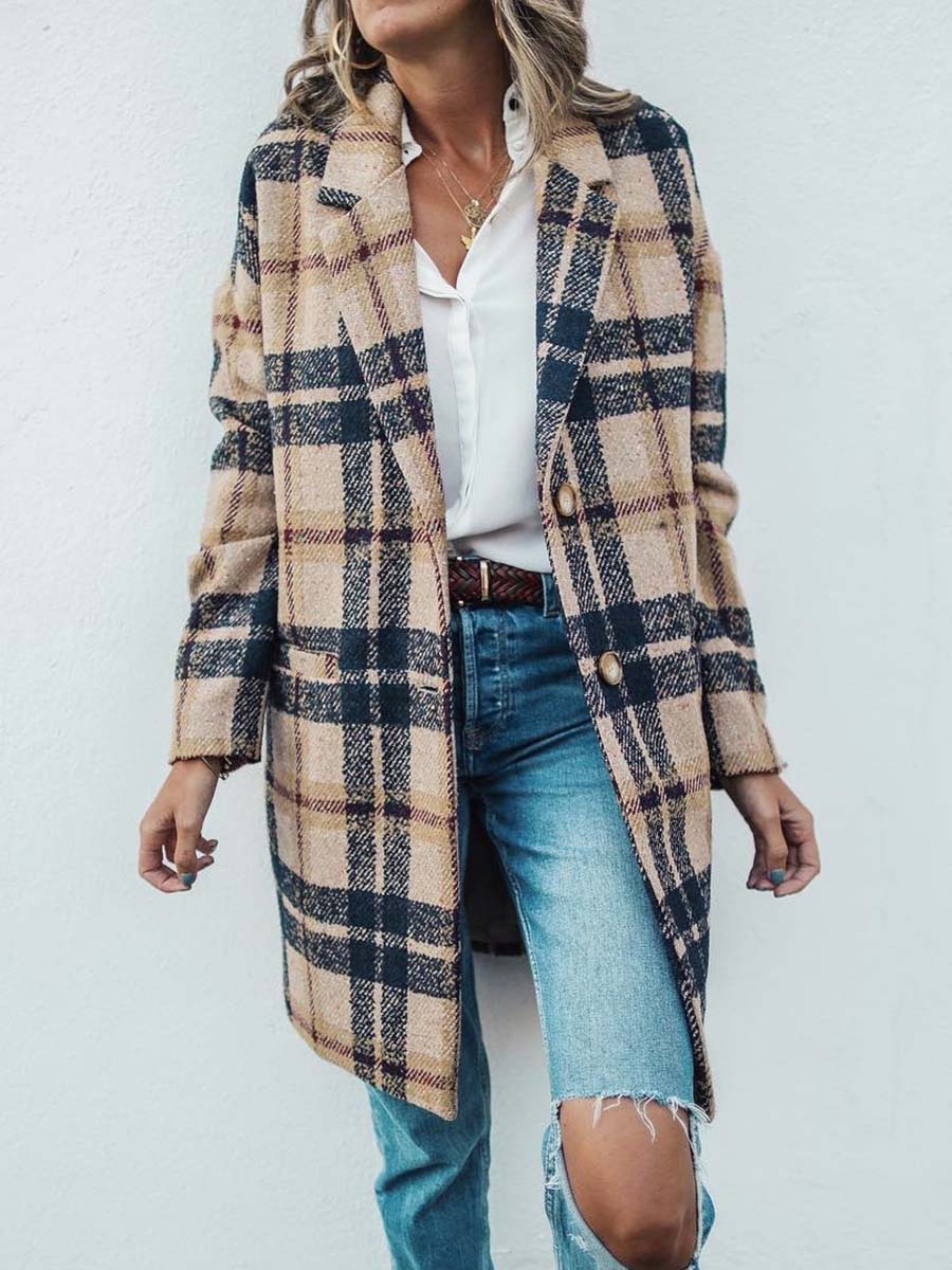 Veleaee Loose Plaid Wool Coat