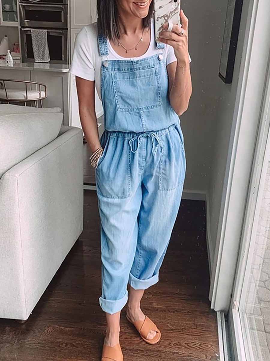 Veleaee Loose Elastic Waist Denim Jumpsuit
