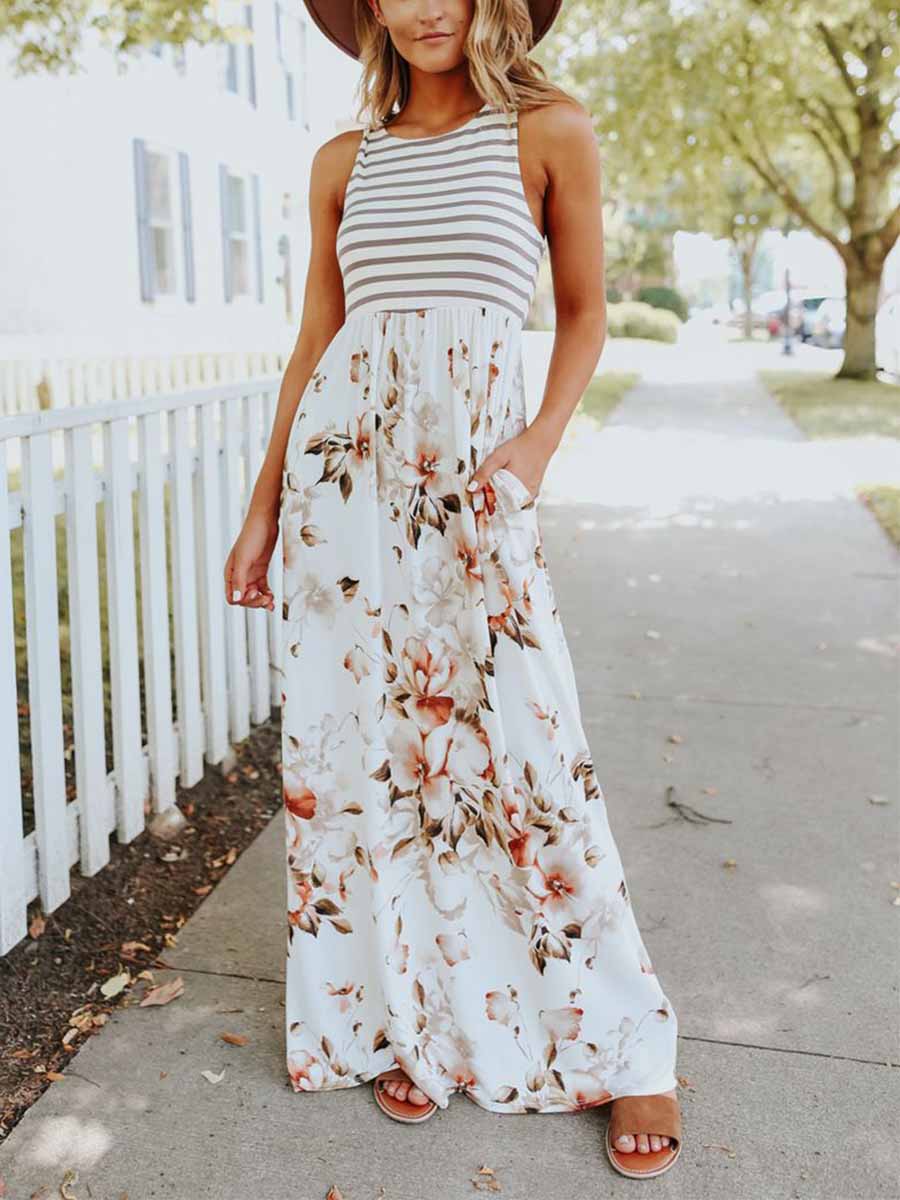 Veleaee Stripe Print Pocket Dress