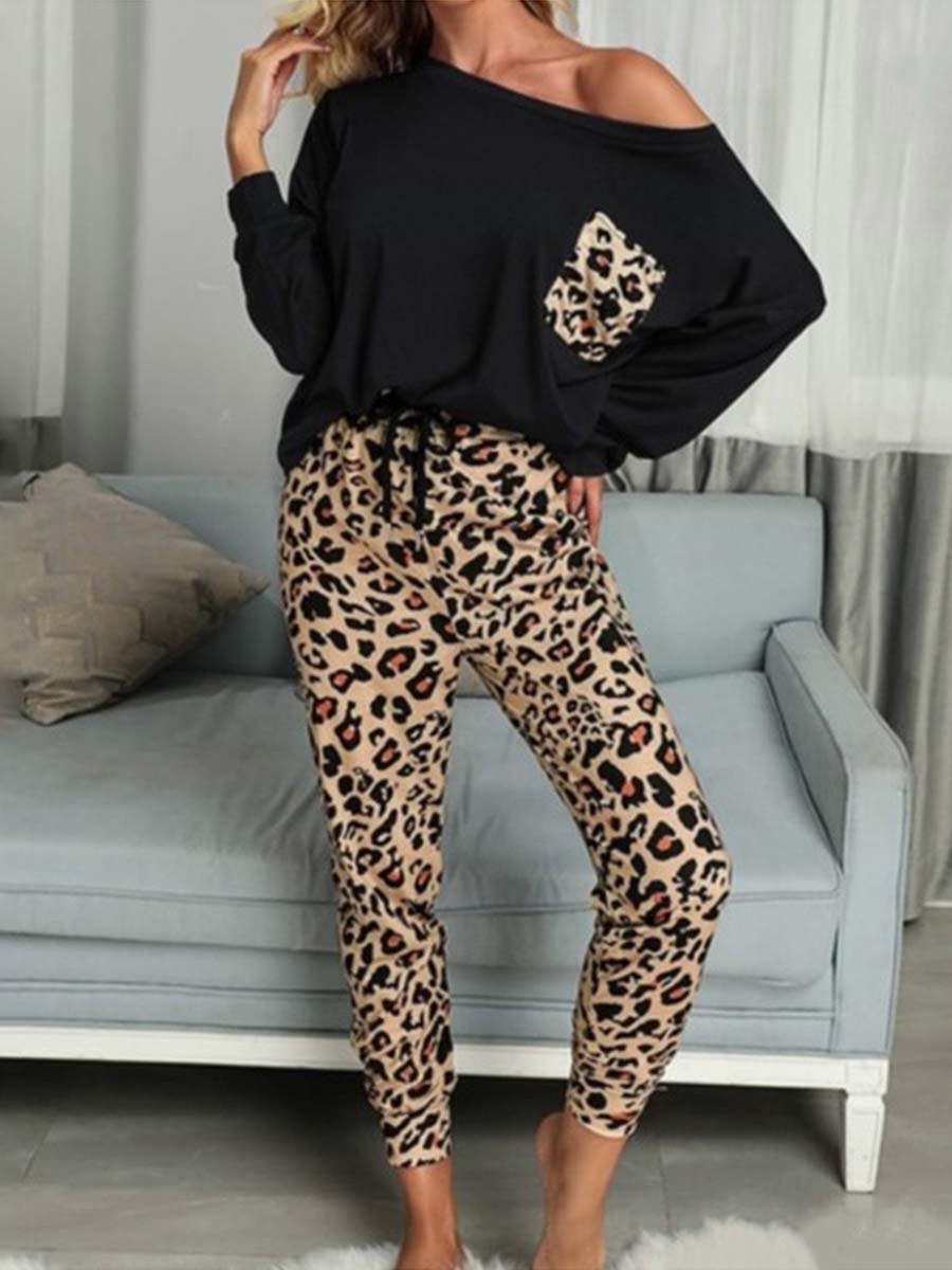 Veleaee Leopard Pocket Off-shoulder Two Sets