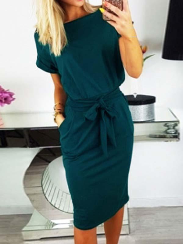 Veleaee O Neck Midi Dress With Belt (4 colors)