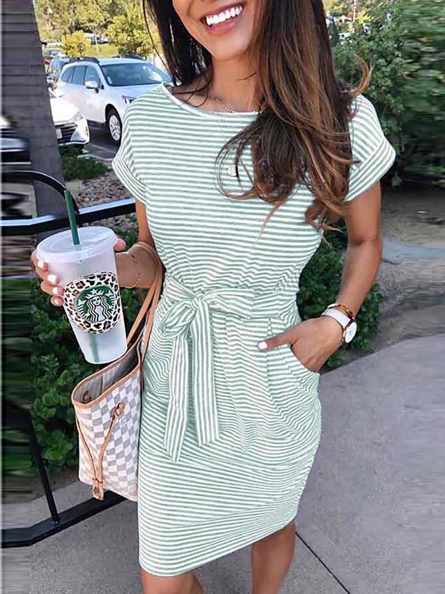 Veleaee Short Sleeve Pinstripe Round Neck Casual Wear Dress