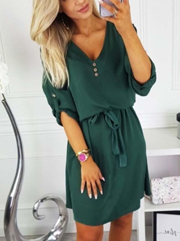 Veleaee V Neck Dress With Belt