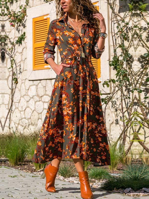 Veleaee Printed V-neck Belt Dress