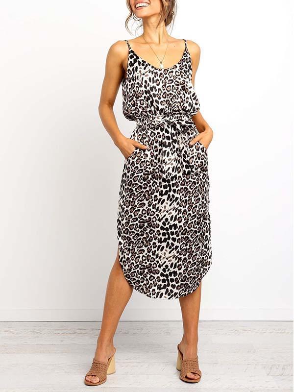 Veleaee Leopard Slit Dress With Pocket