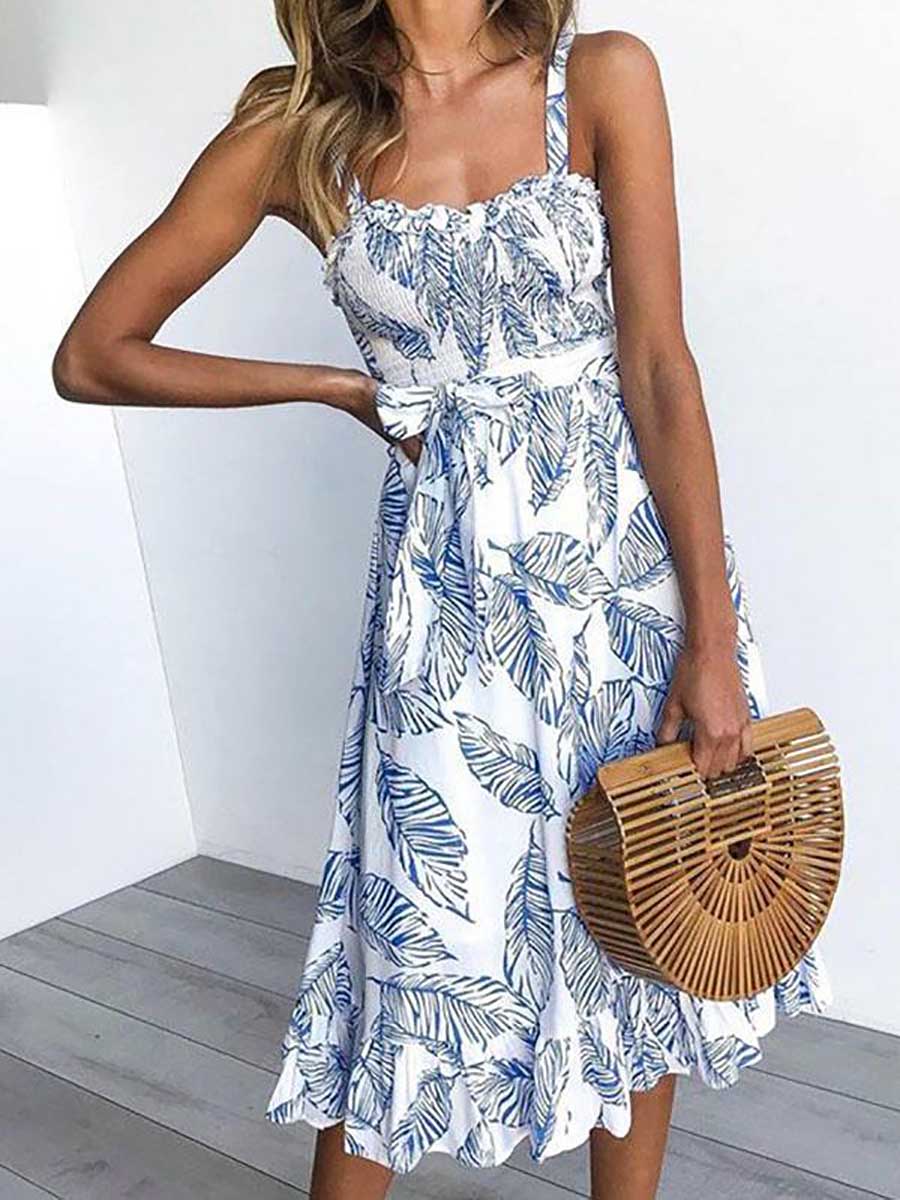 Veleaee Sleeveless Leaf Print Spaghetti Strap Casual Wear Dress