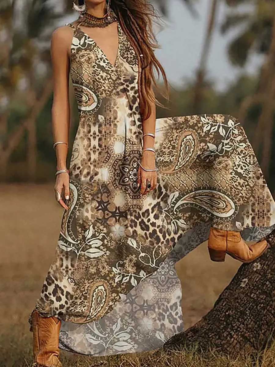 Veleaee V-Neck Printed Camisole Dress