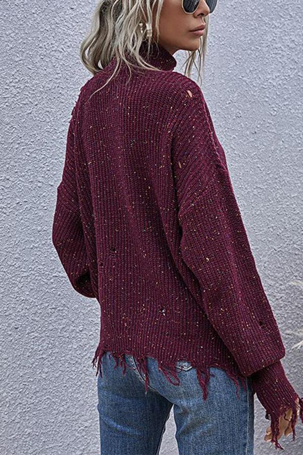 Veleaee Loose Off-shoulder Ripped Long-sleeved High-neck Knitted Sweater