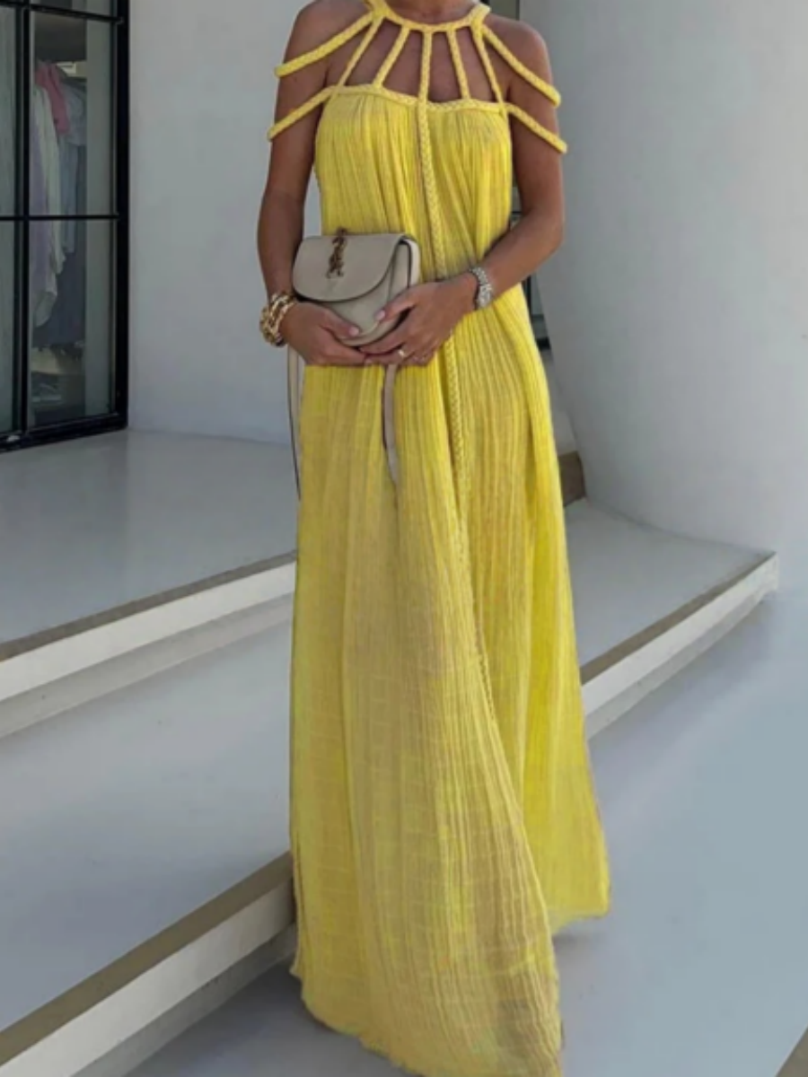 Veleaee Modern and Sophisticated Linen Blend Draped Braids Cover Up Maxi Dress