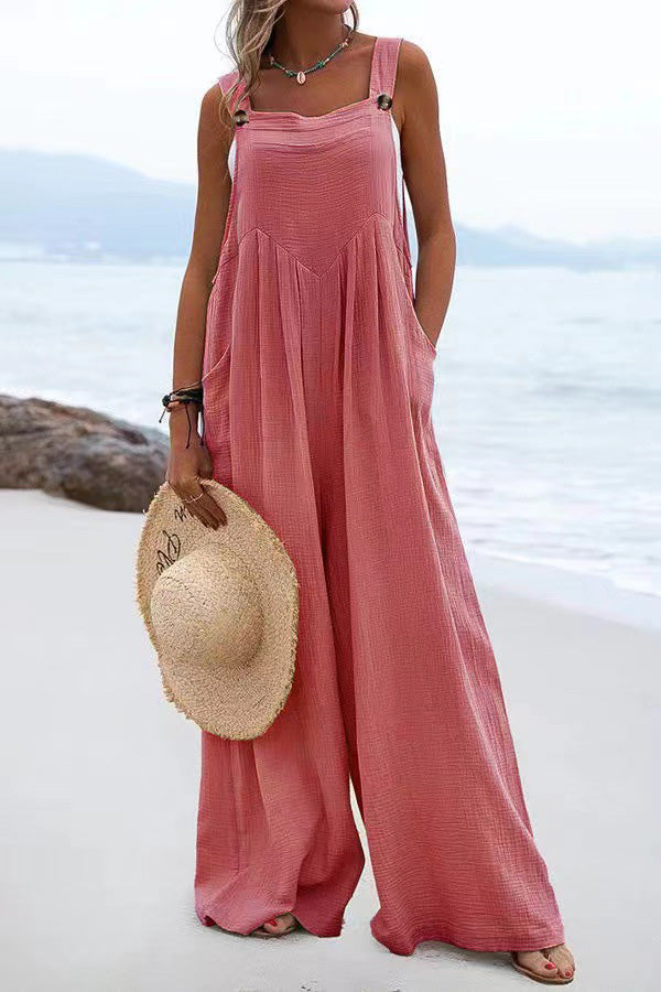 Veleaee Ethnic Button Suspender Wide Leg Line Jumpsuit
