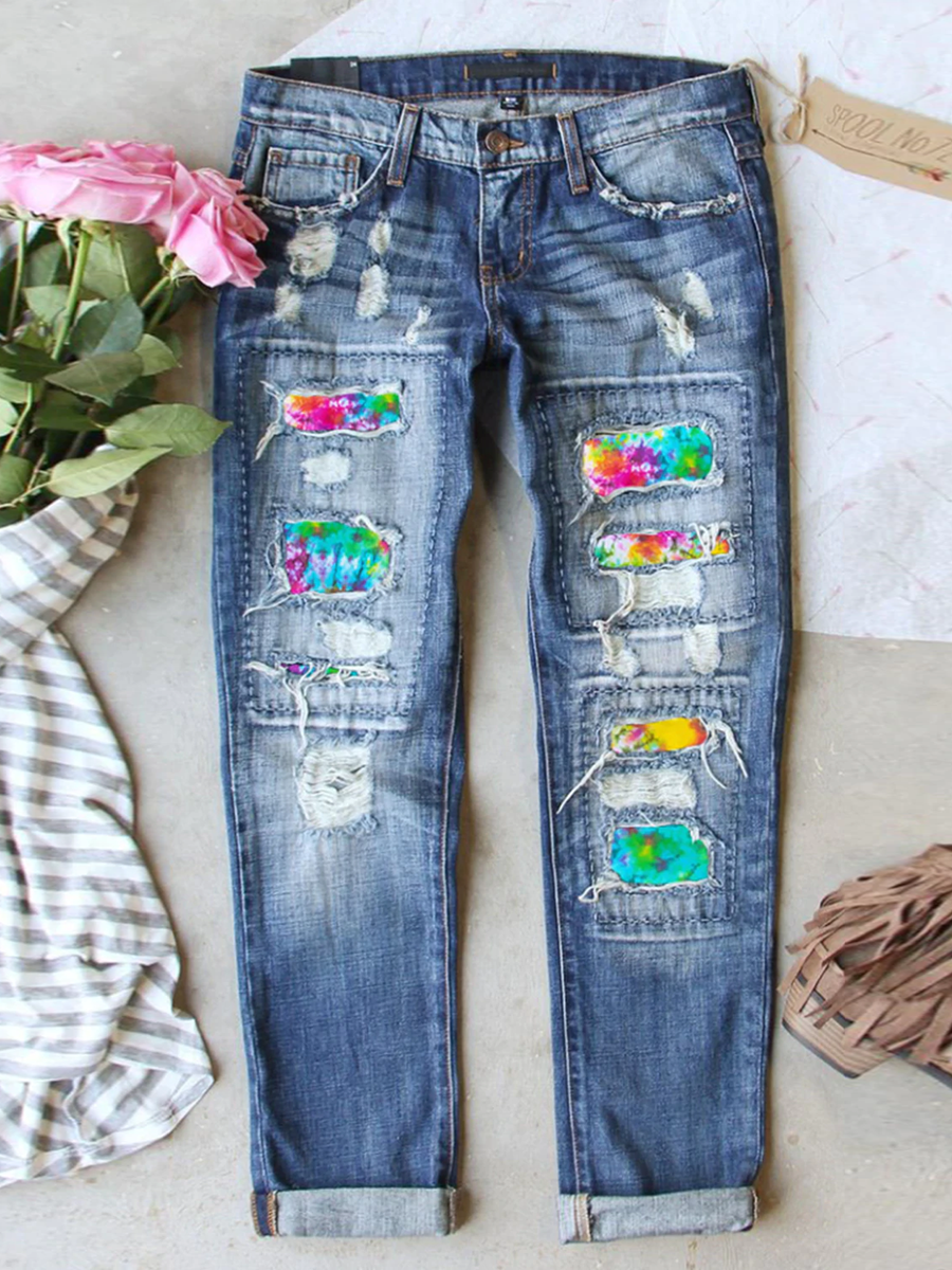 Veleaee Tie Dye Ripped Jeans