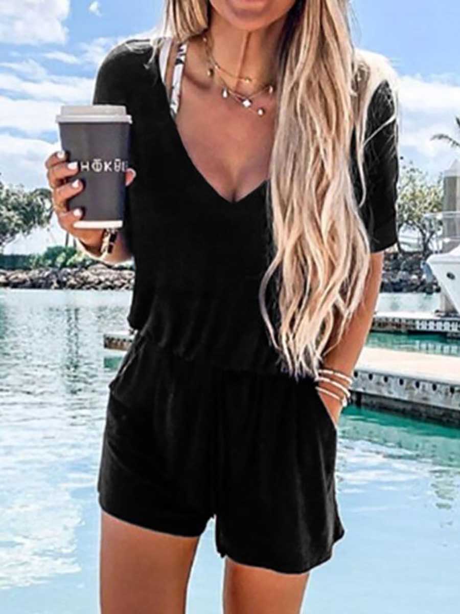 Veleaee V Neck Black Casual One-piece Romper