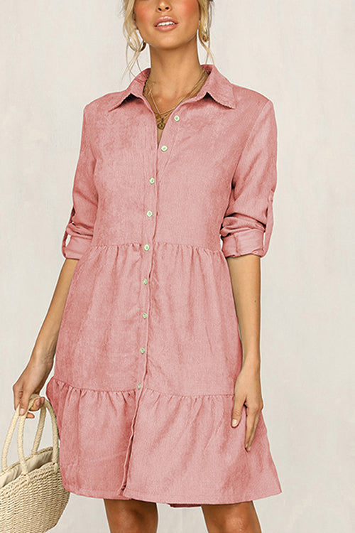 Veleaee Rolled Up Sleeve Button Down Ruffle Dress