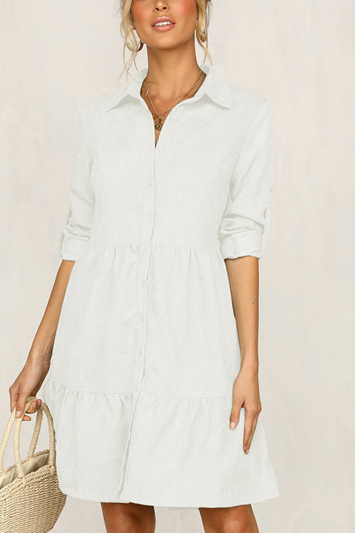 Veleaee Rolled Up Sleeve Button Down Ruffle Dress
